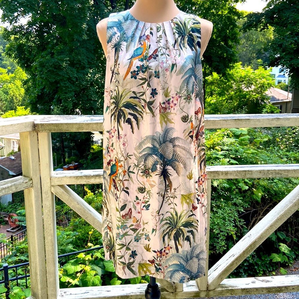 H&M Cream Tropical Palms Tie Back Fully Lined Dress Size 4